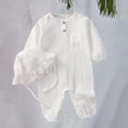 thumbnail image 2 of Coerni New Born Baby Girl Cotton Linen Romper with Hat Girls One-Piece Outfits Button Down Shirts Jumpsuit Ruffle Preemie Clothes, 2 of 9
