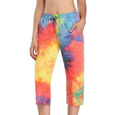 

Sexy Dance Women Comfy Pajama PJ Capri Sleepwear Nightwear Bottoms Tie Dye Elastic Waist Lounge Cropped Pants Loungewear Pocket