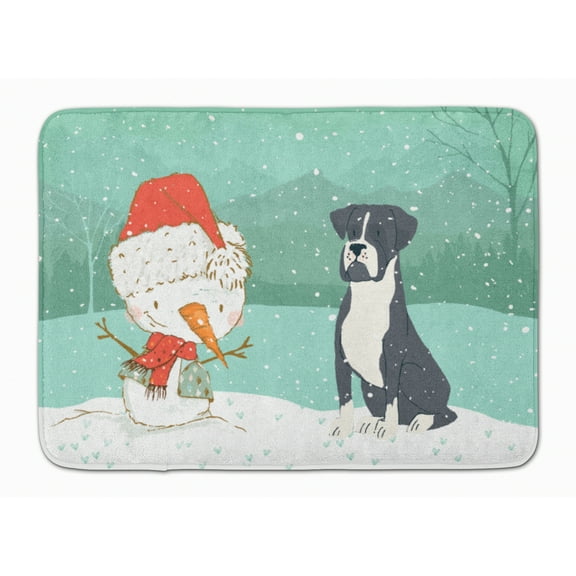 Black Boxer and Snowman Christmas Machine Washable Memory Foam Mat