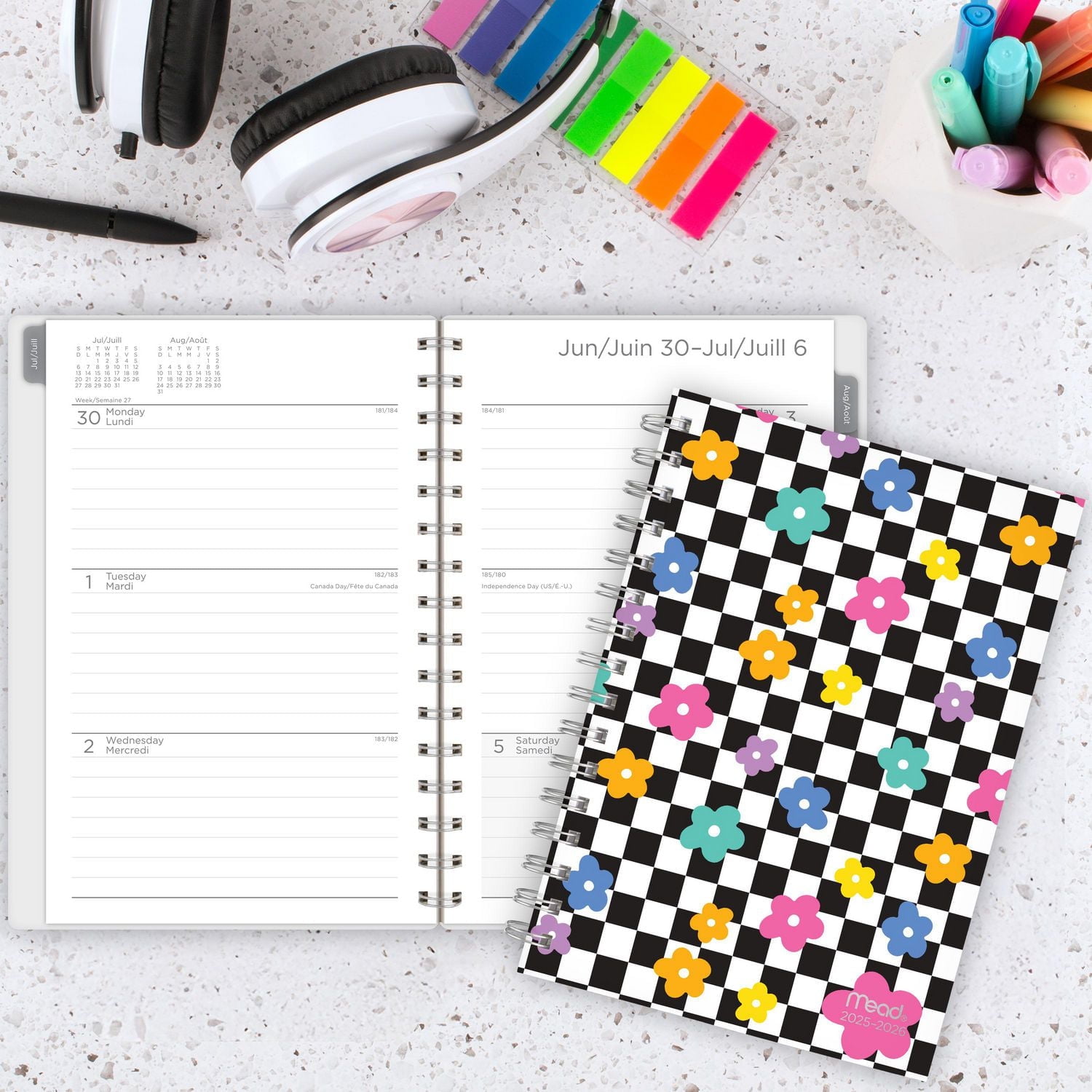 2025-2026 Mead® Fun Floral Checker Small Weekly Academic Year Planner