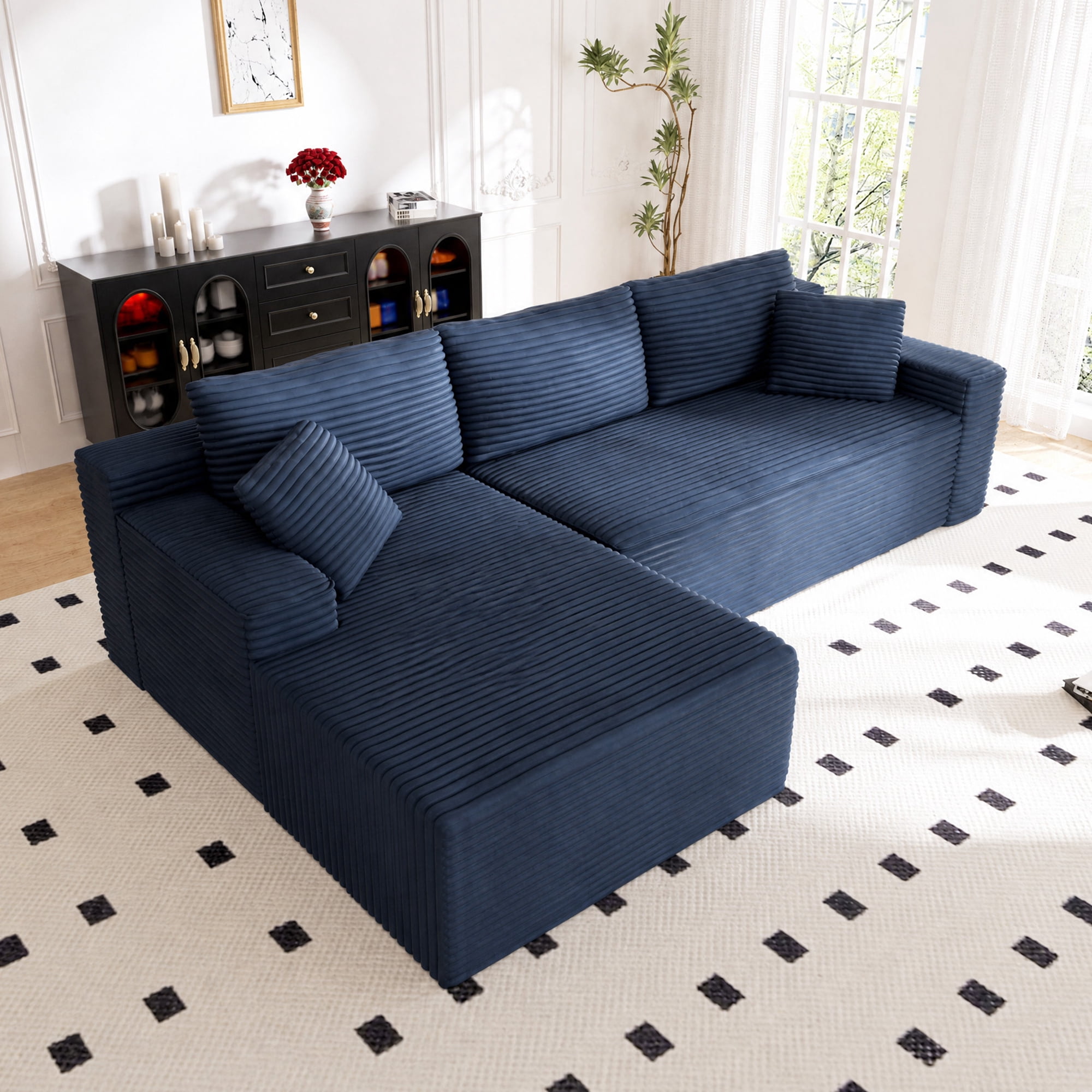 Lunale 105" Modular L-Shaped Sectional Sofa, Boneless Cloud Couch, No Assembly Required, Modern Deep Seat Corduroy Sofa for Living Room, Blue (Left Facing Chaise)