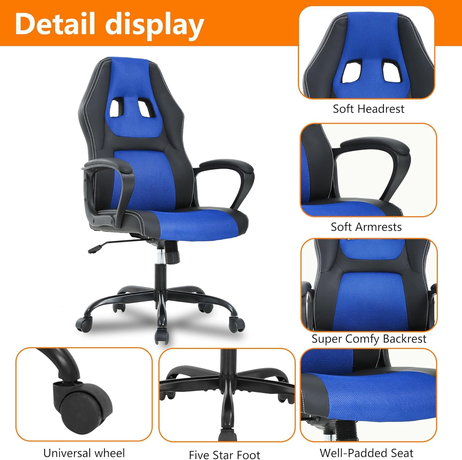 BestMassage Ergonomic Gaming Chair, Lumbar Support, Swivel Rolling for Women, Men(Blue)