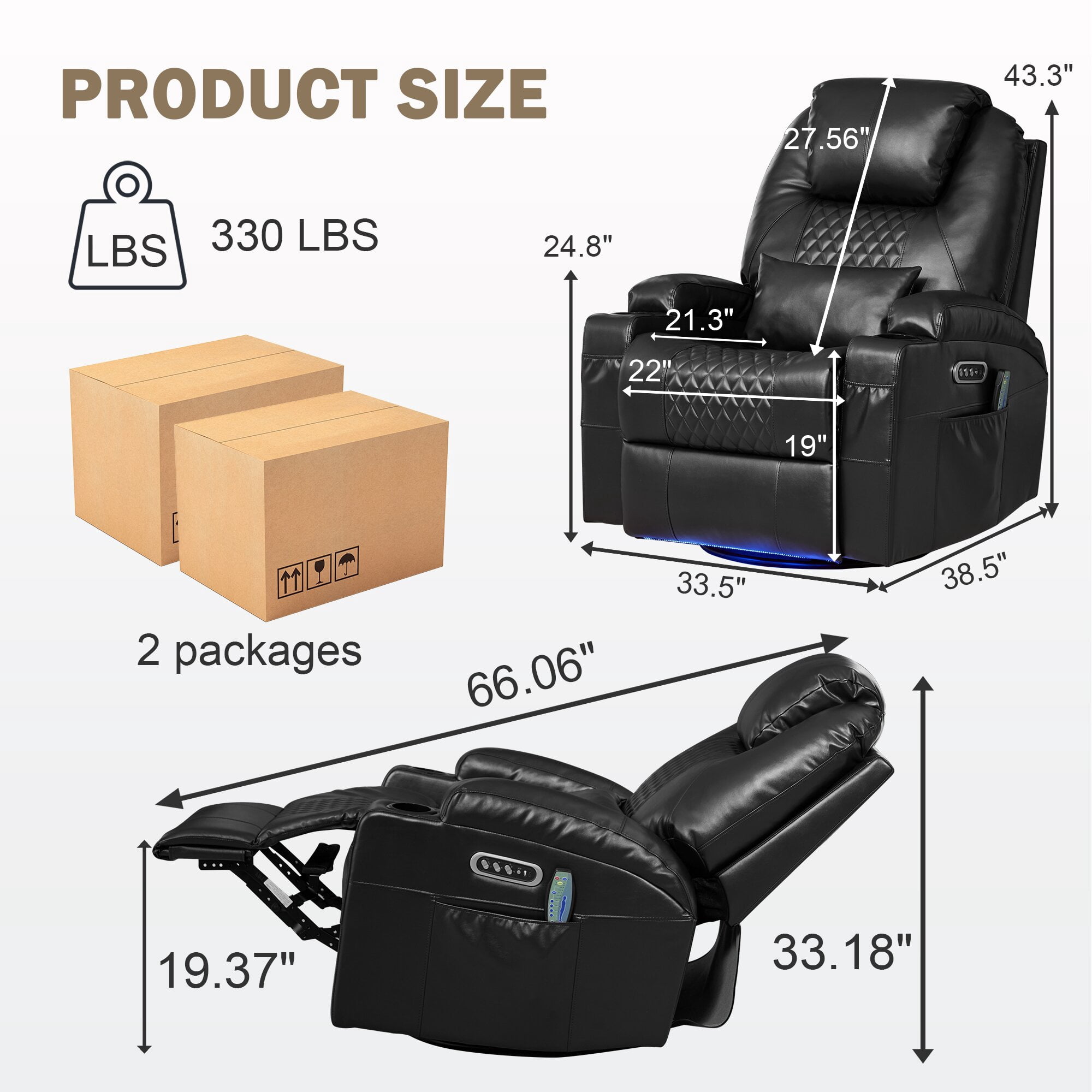 QJTC Power Rocker Recliner Chair with Heat and Massage, 240° Swivel Recliner Chair with Lumbar Pillow/Cup Holder/LED Lights/USB Ports, Black