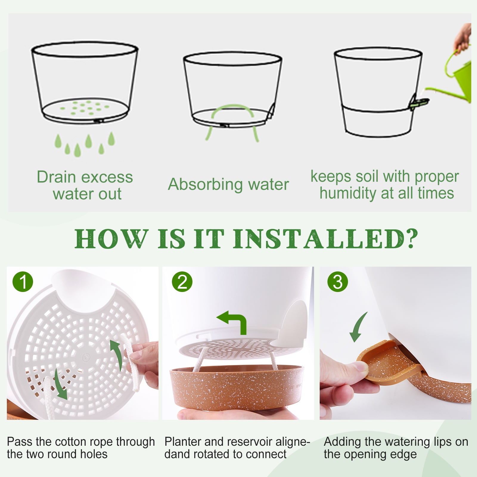 Remiawy Self Watering Plant Pots with Drainage Hole, 8/7/6.5/6/5.5/5 Inch Self Watering Planters for Indoor Outdoor Plants , White Plastic Flower Pots 6 Packs