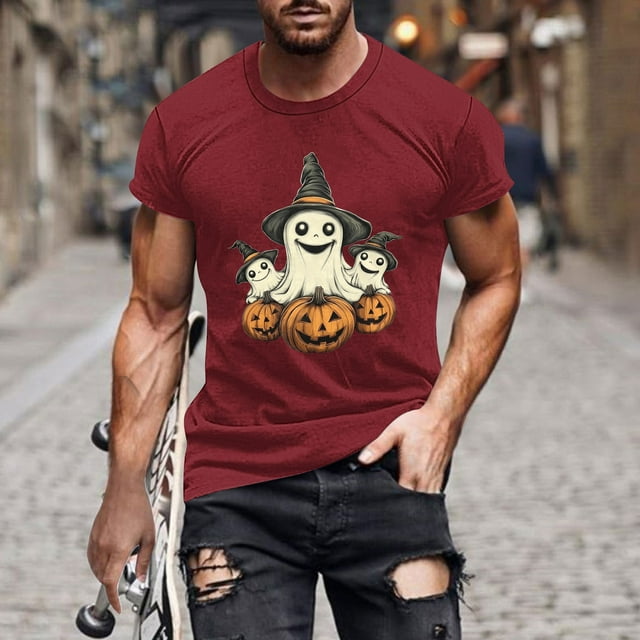 Pisexur Chemises pour Hommes Chandail pour Hommes Blouse/t-Shirt d'Halloween Imprimé à Col Rond à Manches Courtes Rouge,m