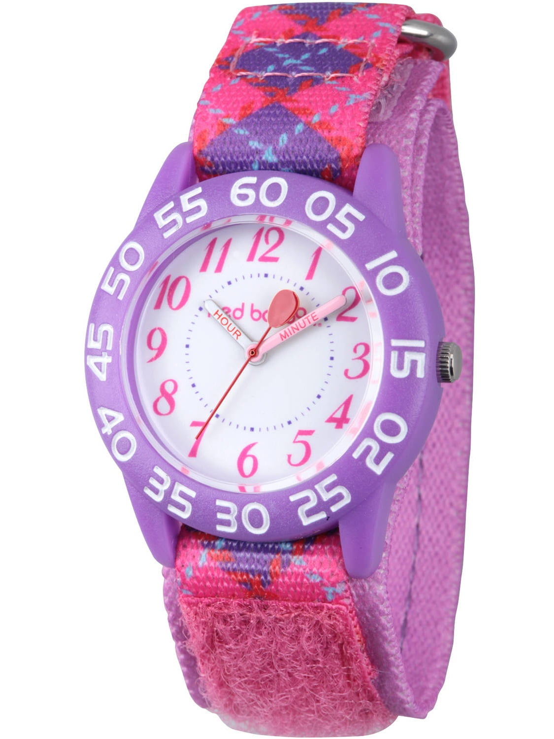 Girls' Purple Plastic Time Teacher Watch, Pink Printed Hook and Loop Nylon Strap with Purple Backing