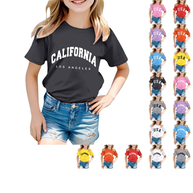 SUXIAN T-shirts pour Enfants Mode Décontractée Imprimé Col Rond Ample Manches Courtes T-Shirt Haut Col Rond Hauts pour Filles Black_002 3-4 Ans