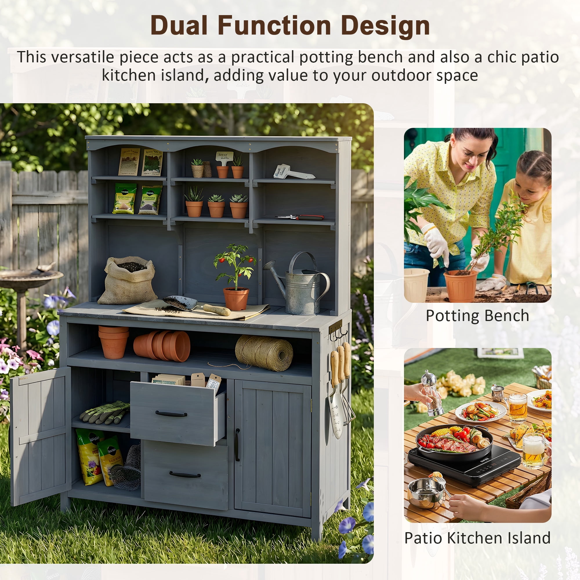 Mintazer Outdoor Potting Bench with Cabinets, 65"H Multi-Functional Patio Kitchen Island with 2 Drawers & Hooks, Large Countertop for Gardening Grill, Gray