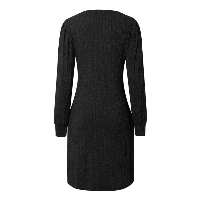 black knitted dress for women Knitted ribbed V-neck dress in black – Mila.Vert main image 1