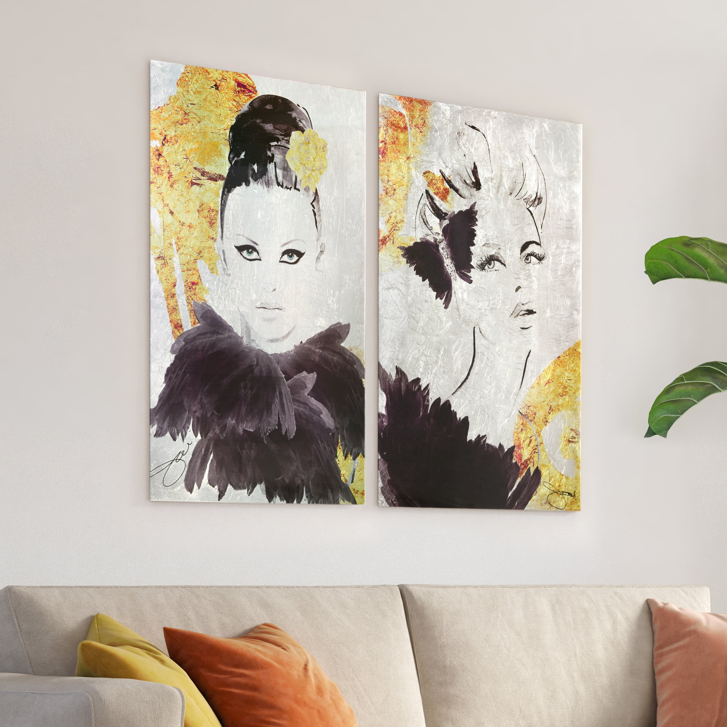 Gold Woman 1 & 2 Reverse Printed Tempered Glass Wall Art with Silver Leaf