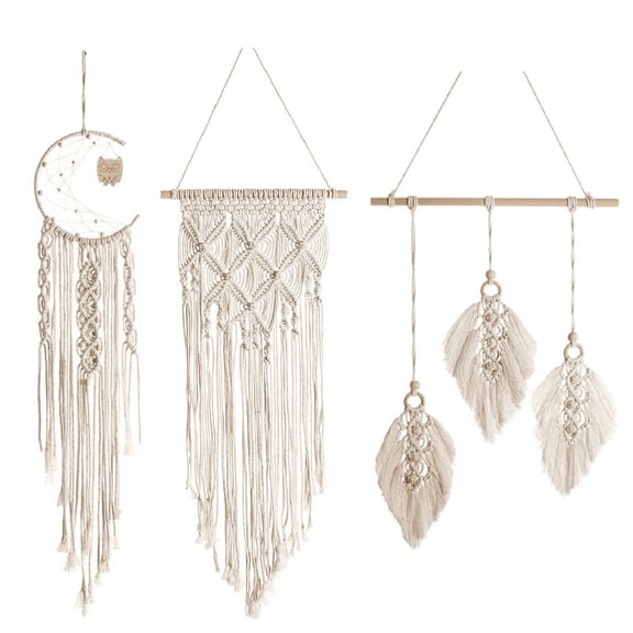 Boho Dream Catcher Wall Decor Moon Dream Catcher Macrame Woven Wall Hanging Boho Home Decor Wall Art Beautiful Apartment Dorm Room Decor (Beige)
