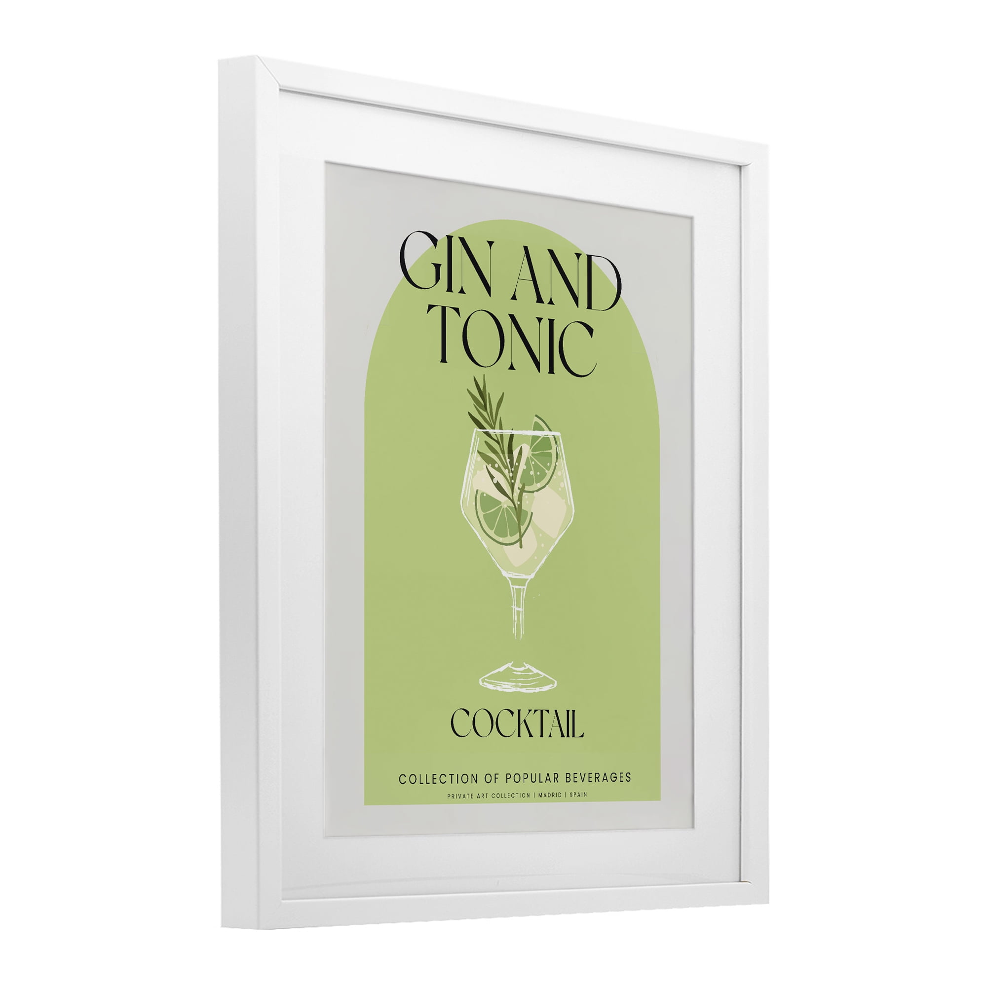 Stylish Retro Gin & Tonic White Framed Print Under Glass, design by Lil' Rue