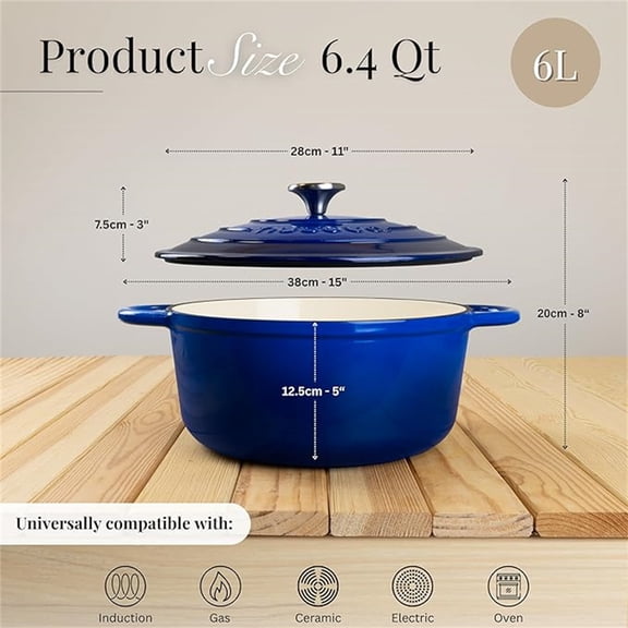 Enamelled Cast Iron Dutch Oven Pot with Lid – 6.4 Quart Non Stick Casserole Pot – Heavy Duty & Oven  up to 500° F for Bread Baking, Braising, Stews, Roasting – 28cm Dark Blue