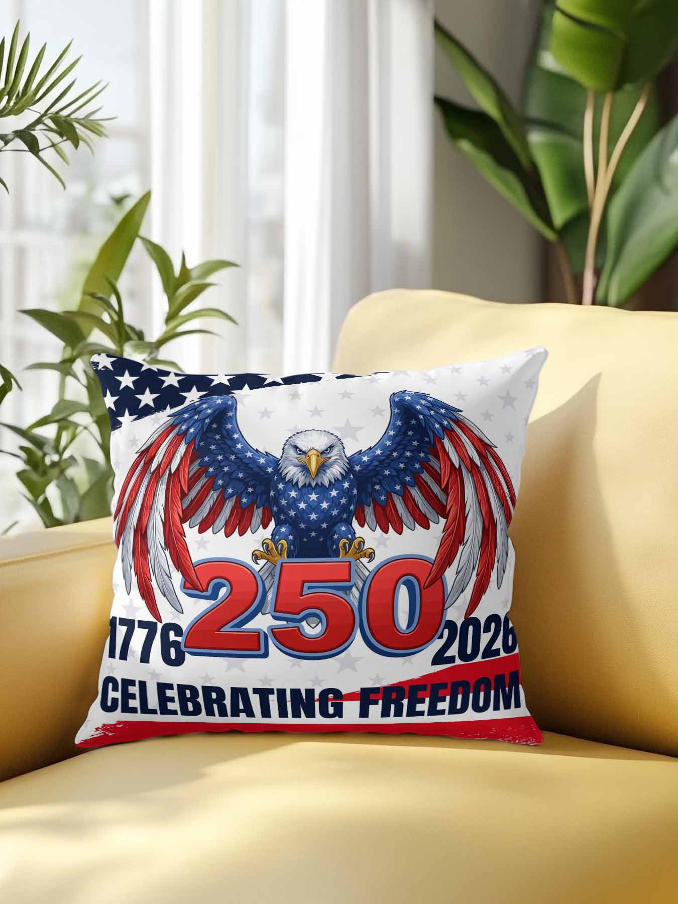 1 Pack Outdoor Throw Pillow, 250 Year American Anniversary Flag Waterproof Pillow with Insert Included, Eagle Red Blue Decorative Accent Cushion Sofa Pillows for Patio Porch, 16 x 16 In