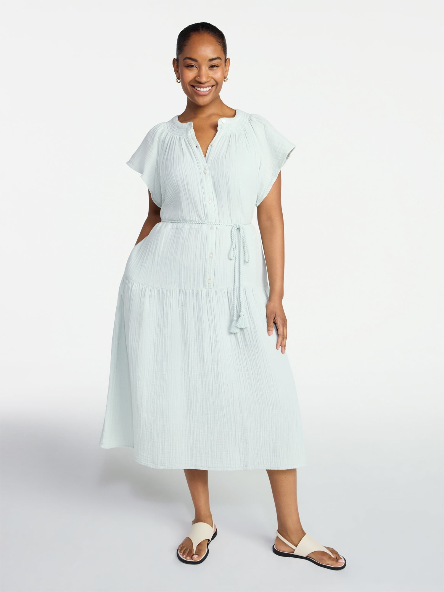 Time and Tru Women's Cotton Double Cloth Midi Dress with Short Flutter Sleeves, Sizes XS-XXXL