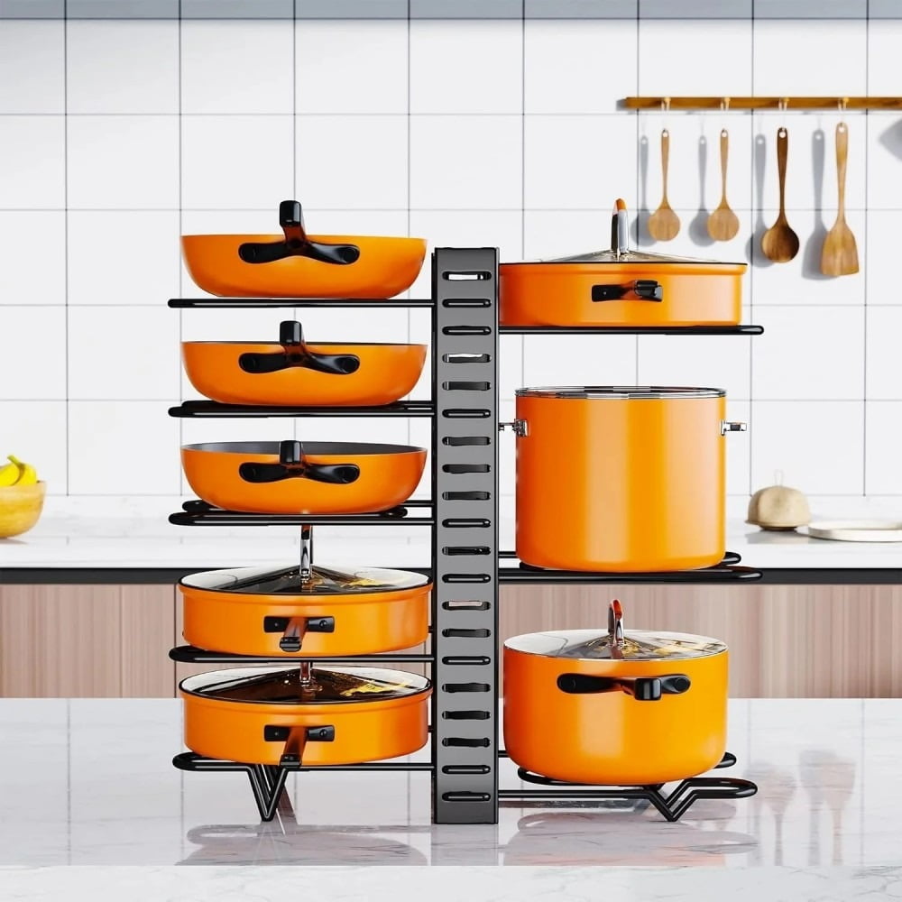 8-Tier Adjustable Pots and Pans Organizer Under Cabinet – Heavy-Duty Kitchen Storage Organization Rack for Cookware, Lids & Cutting Boards – DIY Cabinet Organizer, Under Sink Organizer