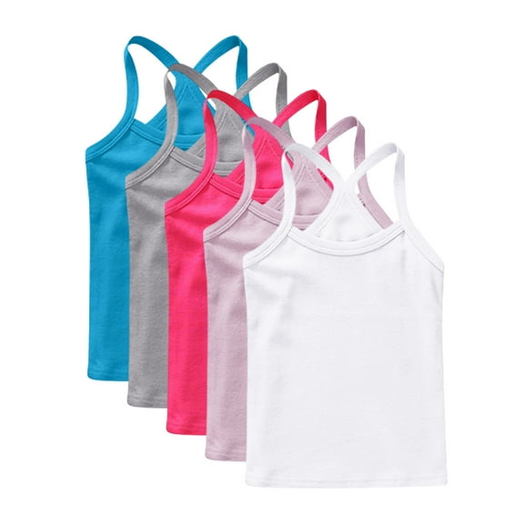 5 Pack Girls' Cotton Tank Tops, Stretch Undershirts for Girls Breathable Soft Camisole Undershirts Solid Color Cute Sleeveless Cami Tanks