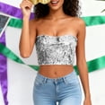thumbnail image 3 of Sequin Tube Tops for Women Strapless Sparkly Glitter Bandeau Cropped Party Club Outfits Off Shoulder Blouses (Free Size, Silver), 3 of 7