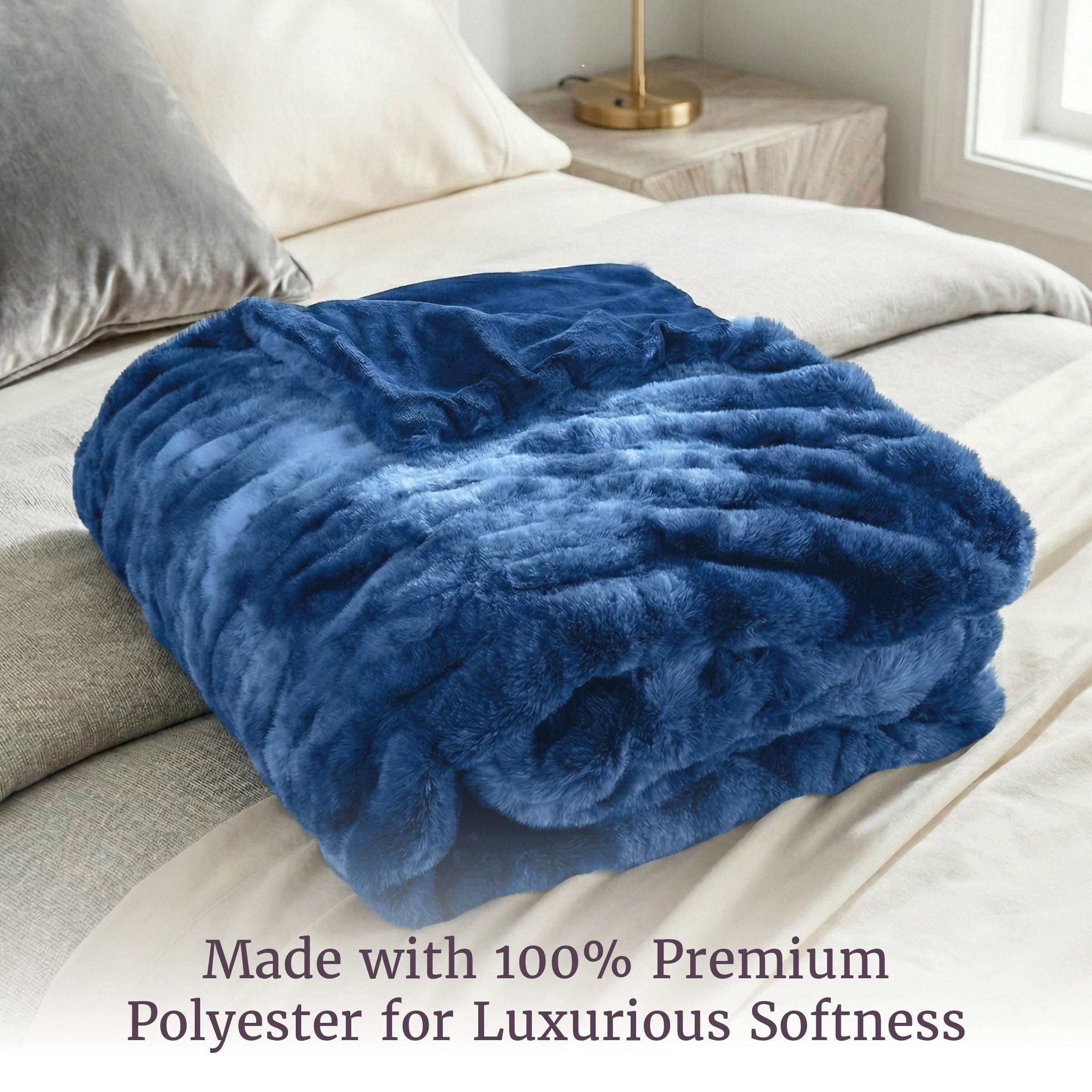 Lavish Home 60x80-Inch Ruched Faux Fur Blanket for Sofas and Beds (Blue)