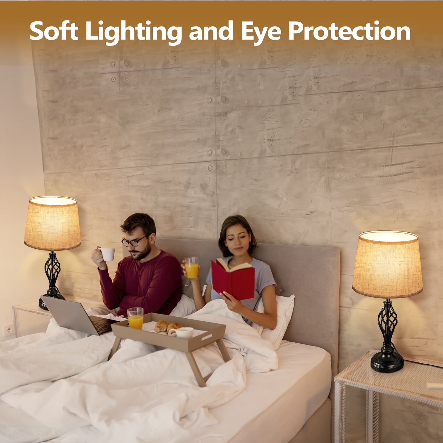 Coliware Table Lamp Set of 2, Traditional Dimmable Desk Lamps with Touch Control USB Charging Port, Farmhouse Tapered Drum Shade Bedside Nightstand Lamps for Living Room Bathroom Bedroom