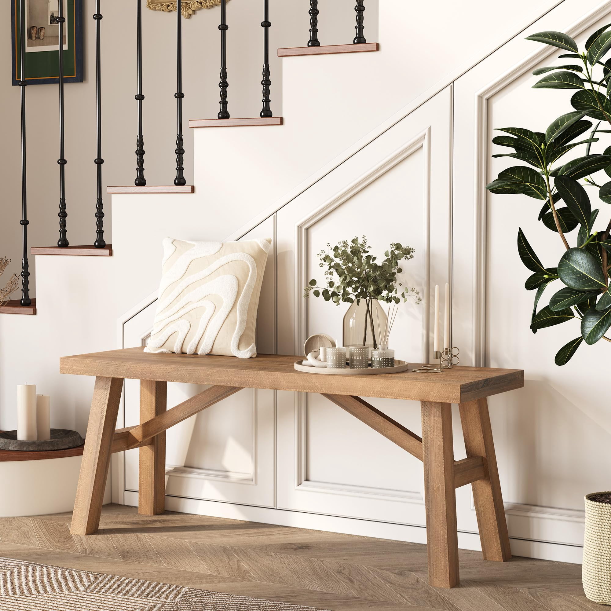 43 Inch Farmhouse Solid Wood Entryway Bench Natural Sawmill Long Wooden Bench Rustic Live‑Edge Style Seat Sturdy Heavy‑Duty Dining Bench for Foyer Mudroom Kitchen and Living Room