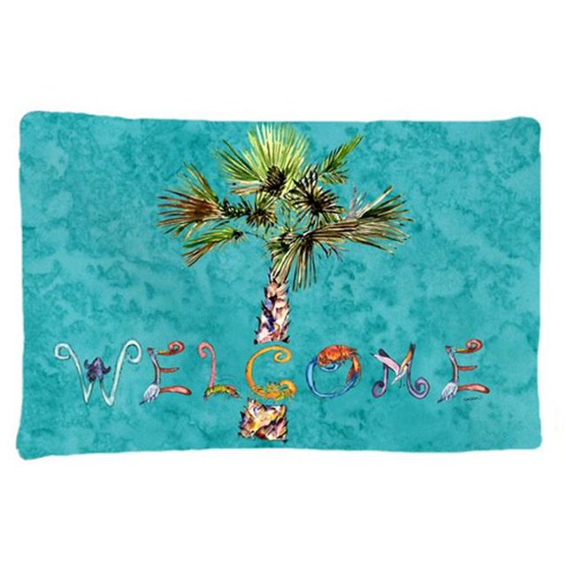 Carolines Treasures 8711PILLOWCASE Welcome Palm Tree On Teal Fabric Standard Pillowcase