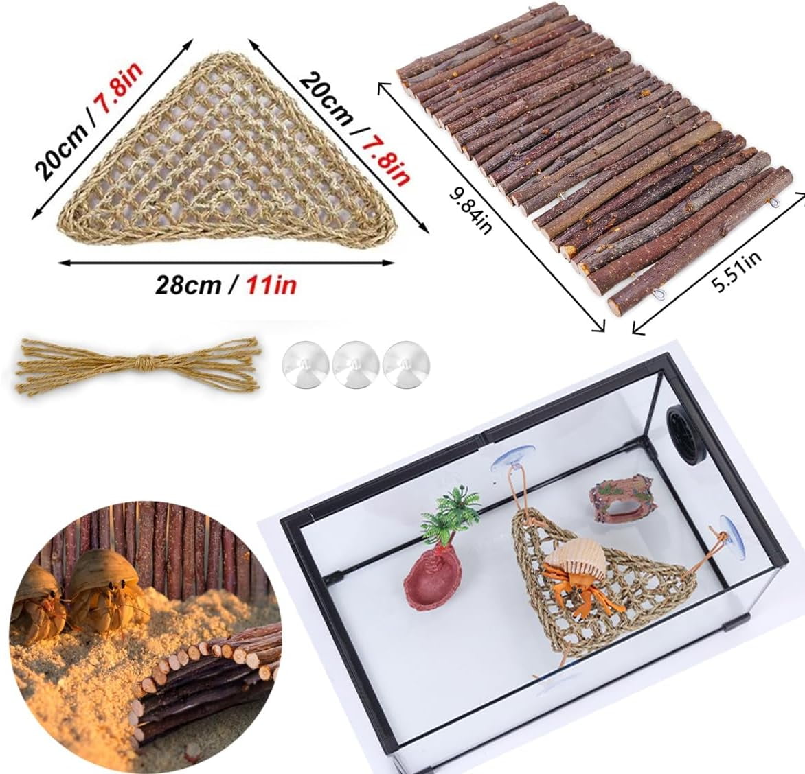 Bearded Dragon Tank Accessories Set: Reptile Habitat Decor with Climbing Hammock, Natural Wood Hideout