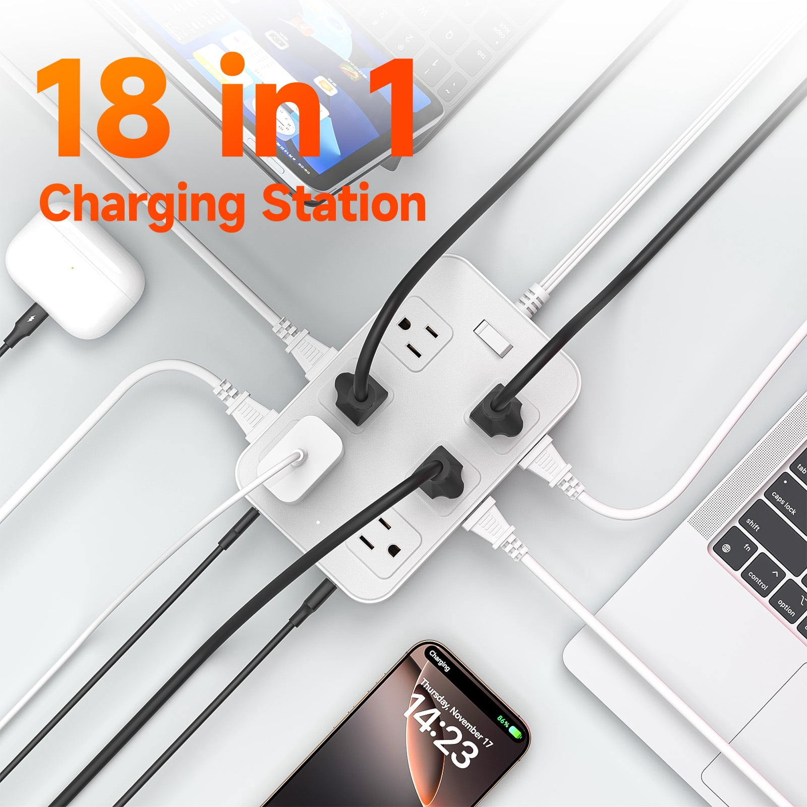 US 18 in 1 Charging Station Power Strip Flat Plug with 12 Outlets 6 USB Flat Plug Outlet Extender for Home Office Dorm
