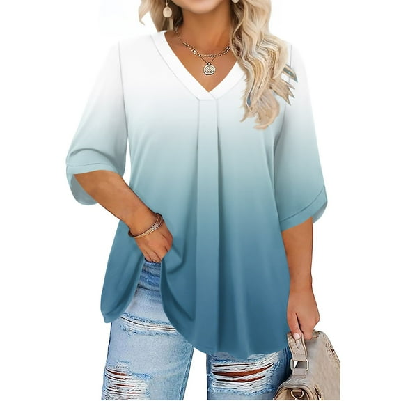 Abcomgle Womens Plus Size Tops Summer Women's Plus Size Tunic Tops V Neck 3/4 Sleeve Tees Pleat Hem Casual Gradient Graphic Tees 4x Womens Plus Size Clothes 5XL,Light Blue