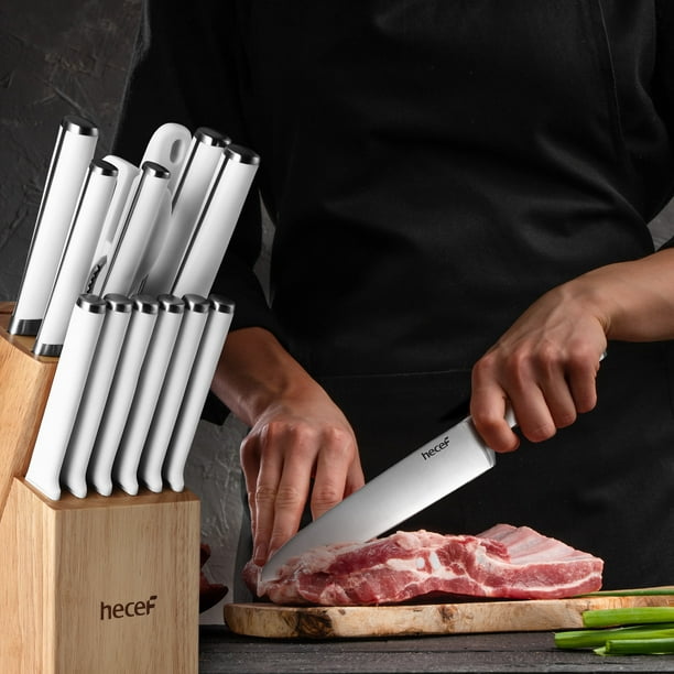 Hecef Ensemble de 15 couteaux de cuisine blancs avec bloc en bois, ensemble  de couteaux de chef ultra tranchants en acier inoxydable avec couteaux à  steak, aiguiseur en acier 