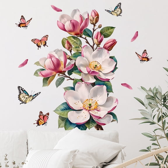 Flowers Wall Decals Butterfly Wall Stickers Floral Peel and Stick Removable Decal for Bedroom Living Room Decor 21x15Inch