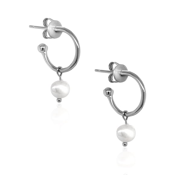 Mercie Sterling Silver Rhodium Plated Pearl Drop Hoop Earrings For Women