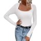 thumbnail image 3 of Camisetas de punto acanaladas ajustadas básicas con cuello cuadrado de manga larga sexy para mujer, 3 of 5