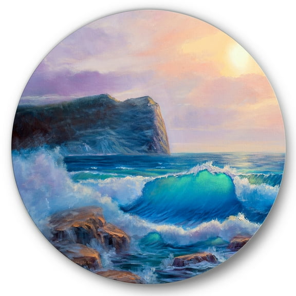 Designart 'Blue Waves Breaking At The Beach Landscape III' Nautical & Coastal Circle Metal Wall Art 36x36 - Disc of 36
