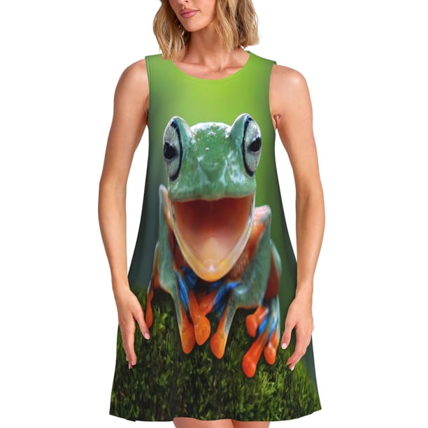 Fotbe Tree Frog Vestido de Verano sin Mangas para Mujer – Vestido Midi Línea A, Estilo Camiseta Floral, Vestido Playero Casual y Fluido
