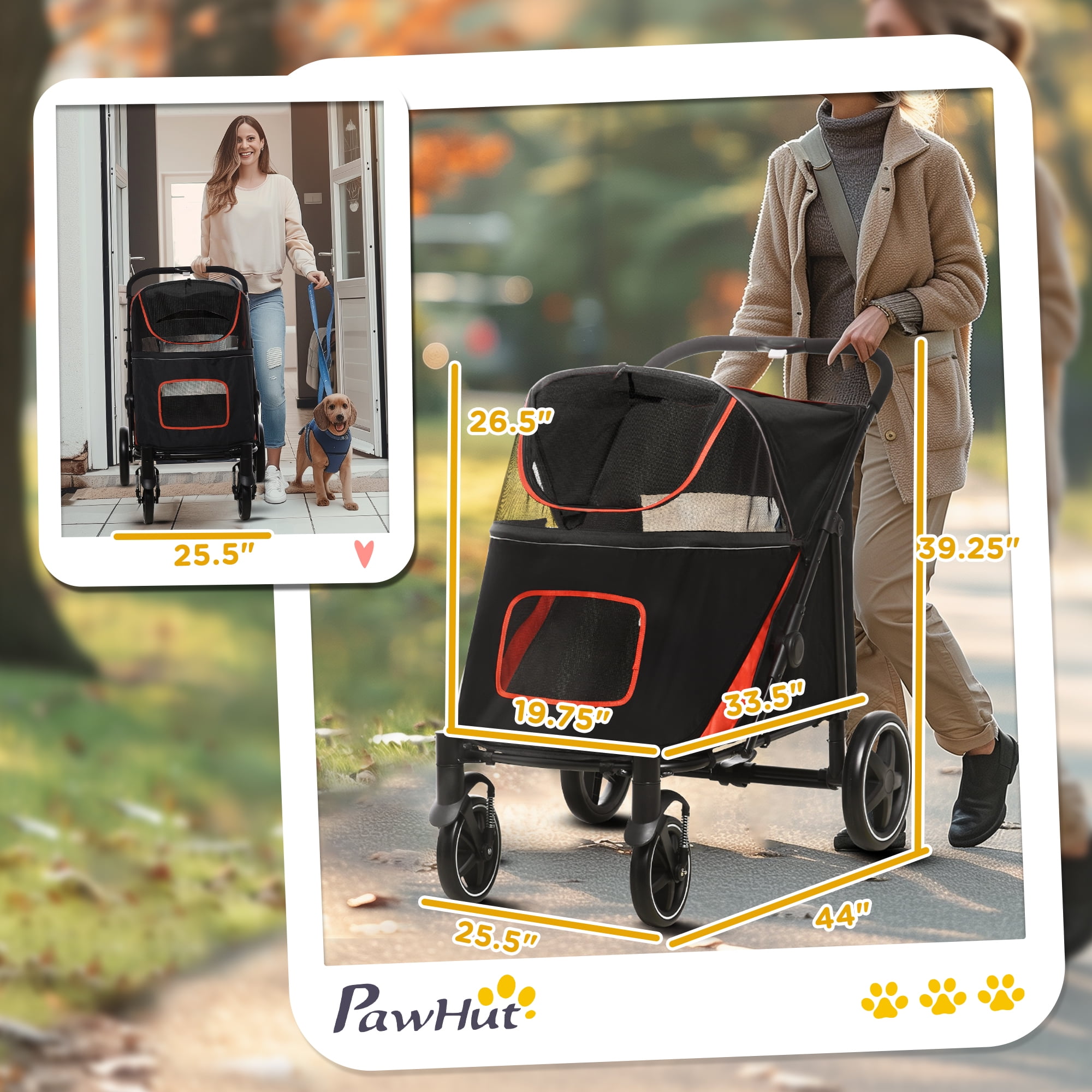 1-Click Foldable Doggy Stroller for Medium Large Dogs, Pet Stroller with Storage, Smooth Ride with Shock Absorption, Mesh Window, Safety Leash, Big Dog Walking Stroller, Black