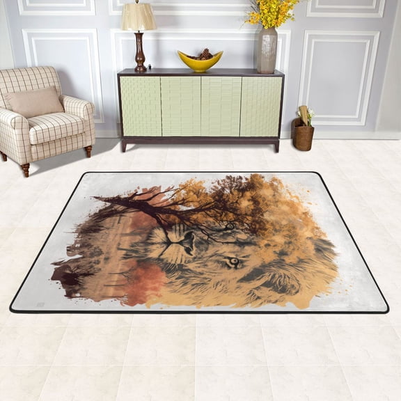 Lion Head Trees Area Rug Washable 72 x 48 Floor Carpet Mat Non Slip for Bedroom Living Room Kids Room Home Decor
