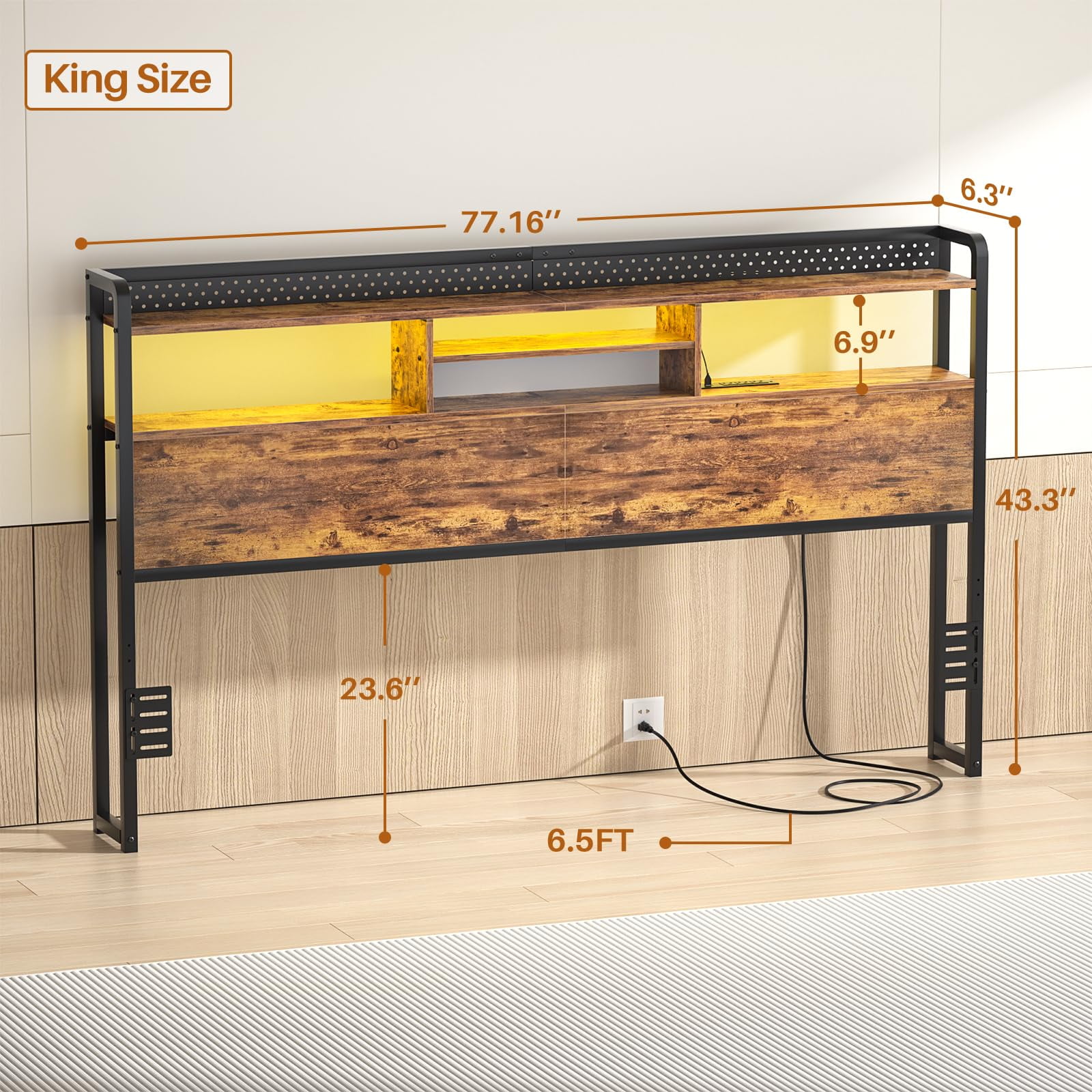 Homieasy Headboard for King Size Bed with Storage Shelf, Head board with 3 Outlets and 2 USB Ports, Headboards with RGB LED Light, Height Adjustable, Sturdy and Stable, Easy Assembly, Rustic Brown