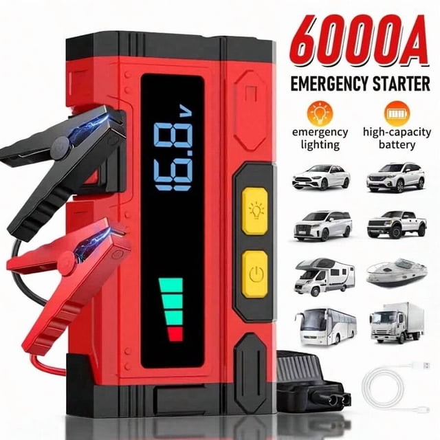 10-In-1 Multi-Function Car Jump Starter, Car Battery Booster, Intelligent Voltage Recognition Fast Charging, Portable Emergency Power Supply, 8000mAh Lithium Battery | 6000A Peak Current