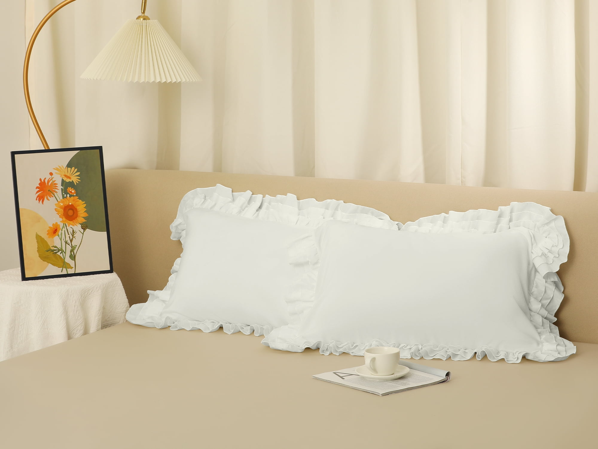 Unique Bargains Triple Ruffle Bedding Pillow Shams Set of 2 with Envelope Closure White Queen