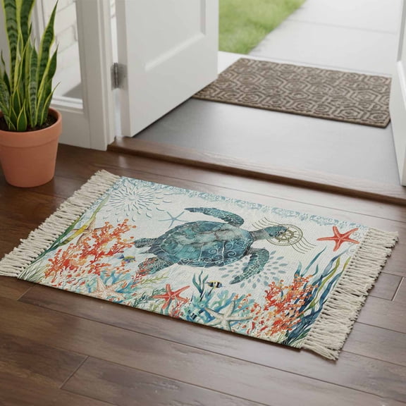 Coastal Turtle Bathroom Rug 2'x3', Summer Beach Nautical Coral Starfish Low Profile Front Entryway Rug with Tassels, Woven Cotton Washable Kitchen Mat Carpet for Foyer Bedroom Back Door Decor