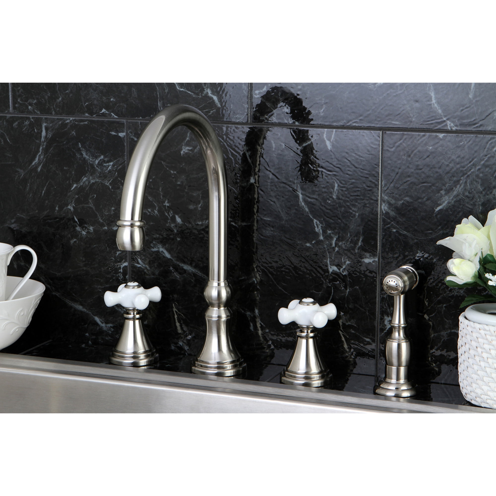 Kingston Brass KS2798PXBS Governor Double-Handle 4-Hole Widespread Kitchen Faucet with Brass Sprayer in Brushed Nickel