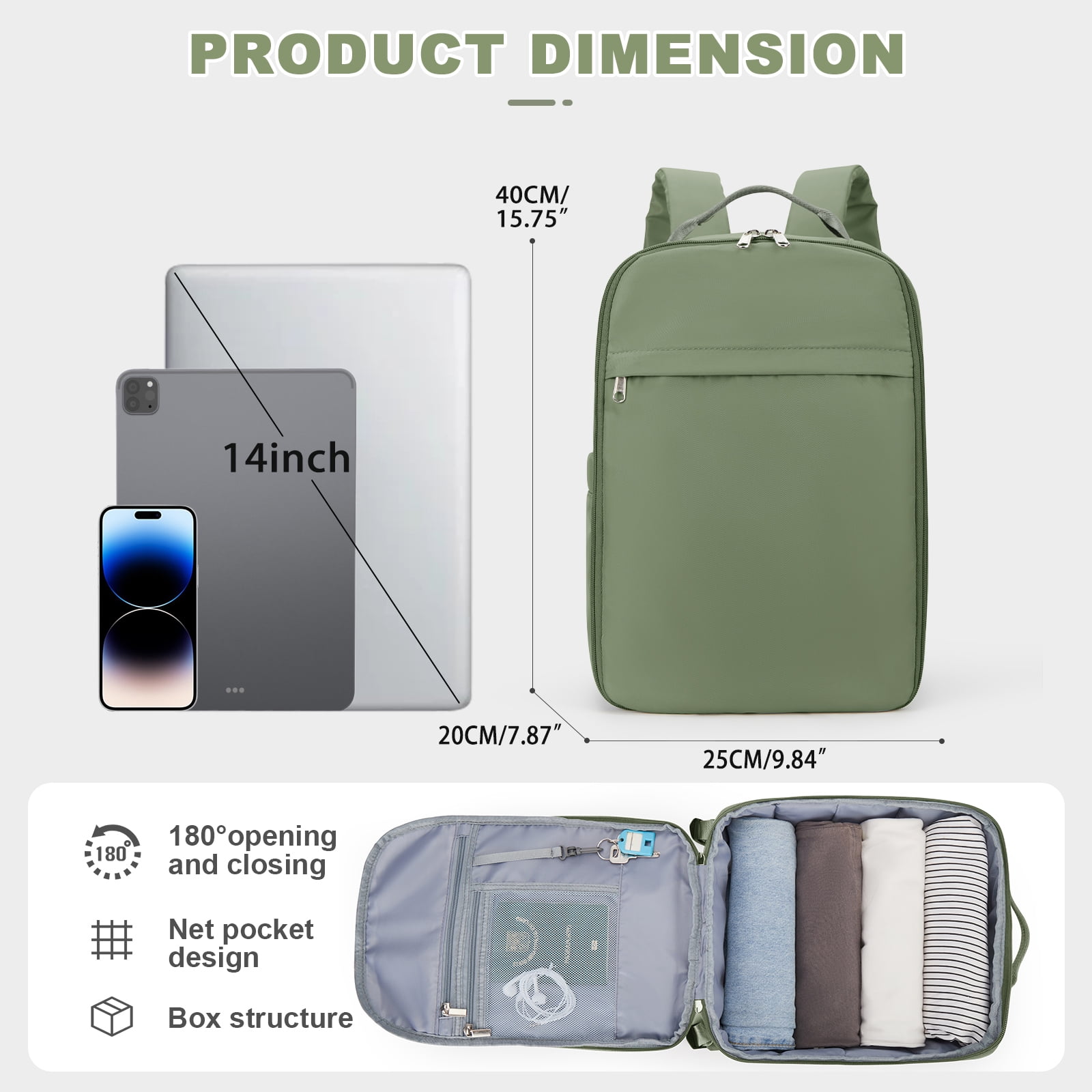 United Airline Approved Personal Item Travel Bag for Women, Underseat Luggage Carry On Backpack for Men, Cabin Size Waterproof Laptop Backpack, Mochila De Viaje, Rucksack Casual Daypack, Grey Green