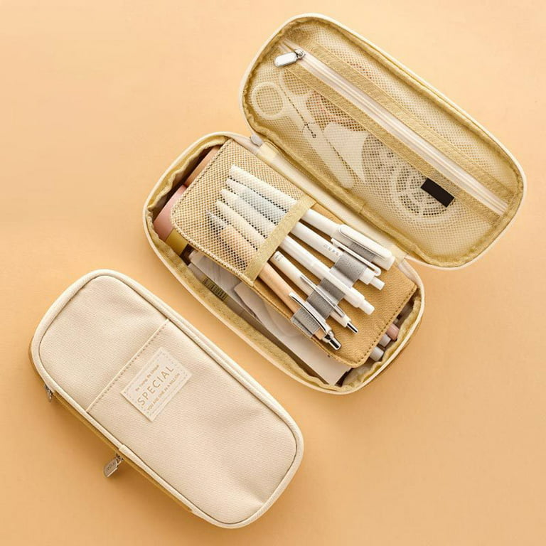 Grofry Minimalist Style Pencil Bag Large Capacity Canvas Classic Pocket Pen  Pencil Case for School Light Khaki 