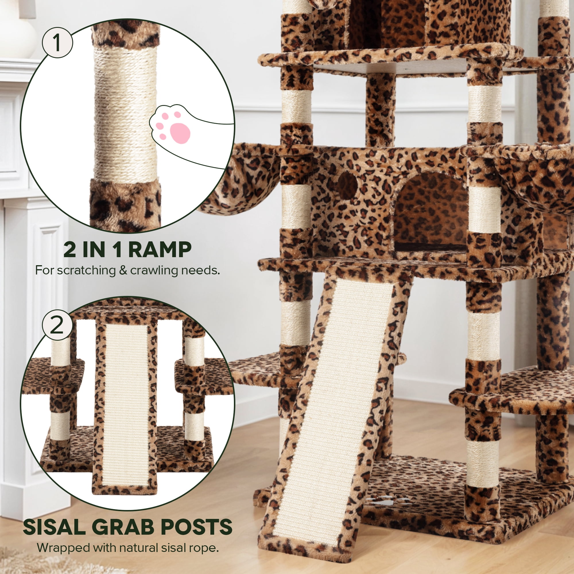 Einfach 68" X-Large Cat Tree and Tower with Condo Houses, Scratching Board & Posts for Indoor Cat, Leopard Print