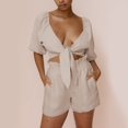 thumbnail image 2 of KaLI_store Short Sets Women 2 Piece Outfits 2 Piece Outfits for Women Summer Casual Short Sleeve Button Down Tops Blouses Shirts and Shorts Set with Pockets Romper Beige,XL, 2 of 3