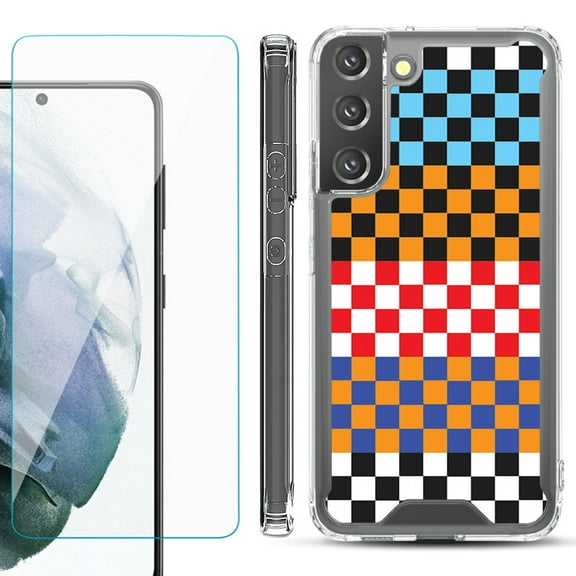 Shockproof Bumper Phone Case for Samsung Galaxy S22 5G, with Tempered Glass Screen Protector, by OneToughShield ® - Colorful Checker
