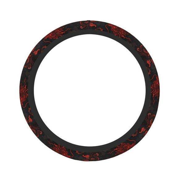 Logiee Red Dragon On Black Print Breathable Elastic Steering Wheel Cover, Non-Slip Stretch Steering Wheel Protector,Universal 15 Inch Fit Auto, Suvs, Truck