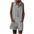 thumbnail image 2 of Mefallenssiah Women'S Fashionable Solid Color Cotton Linen Loose Button Casual Shorts Jumpsuit, 2 of 7