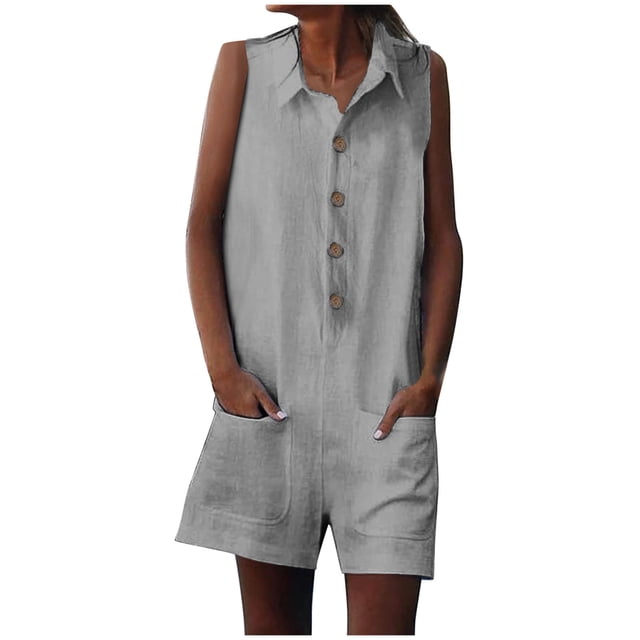 AherBiu Cotton Linen Jumpsuits for Women Half Button Lapel V Neck Wide Leg Rompers with Pockets 1 Piece Outfits